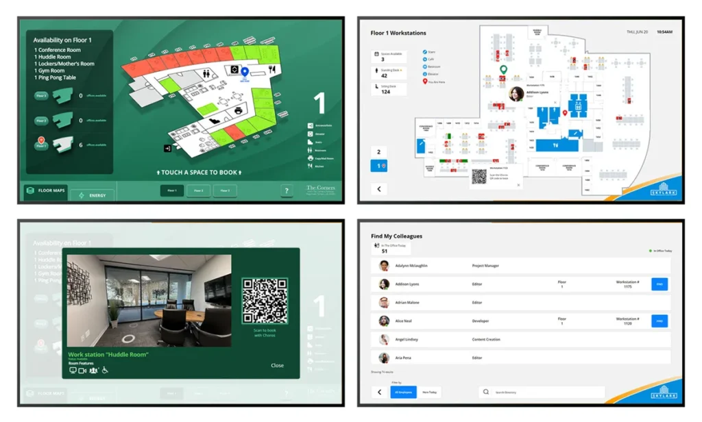 four digital signs with workplace wayfinding and directories