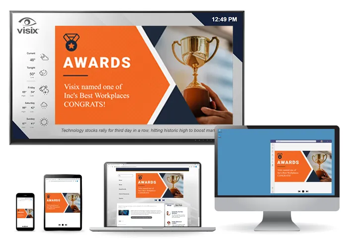 Visix signage software lets you deliver content to screens of all sizes - displays, desktops and mobiles
